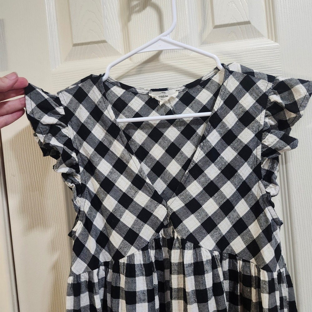 Entro Black White Gingham Ruffle Sleeve Babydoll Top V-Neck Cotton T15450 size S - Picture 2 of 8